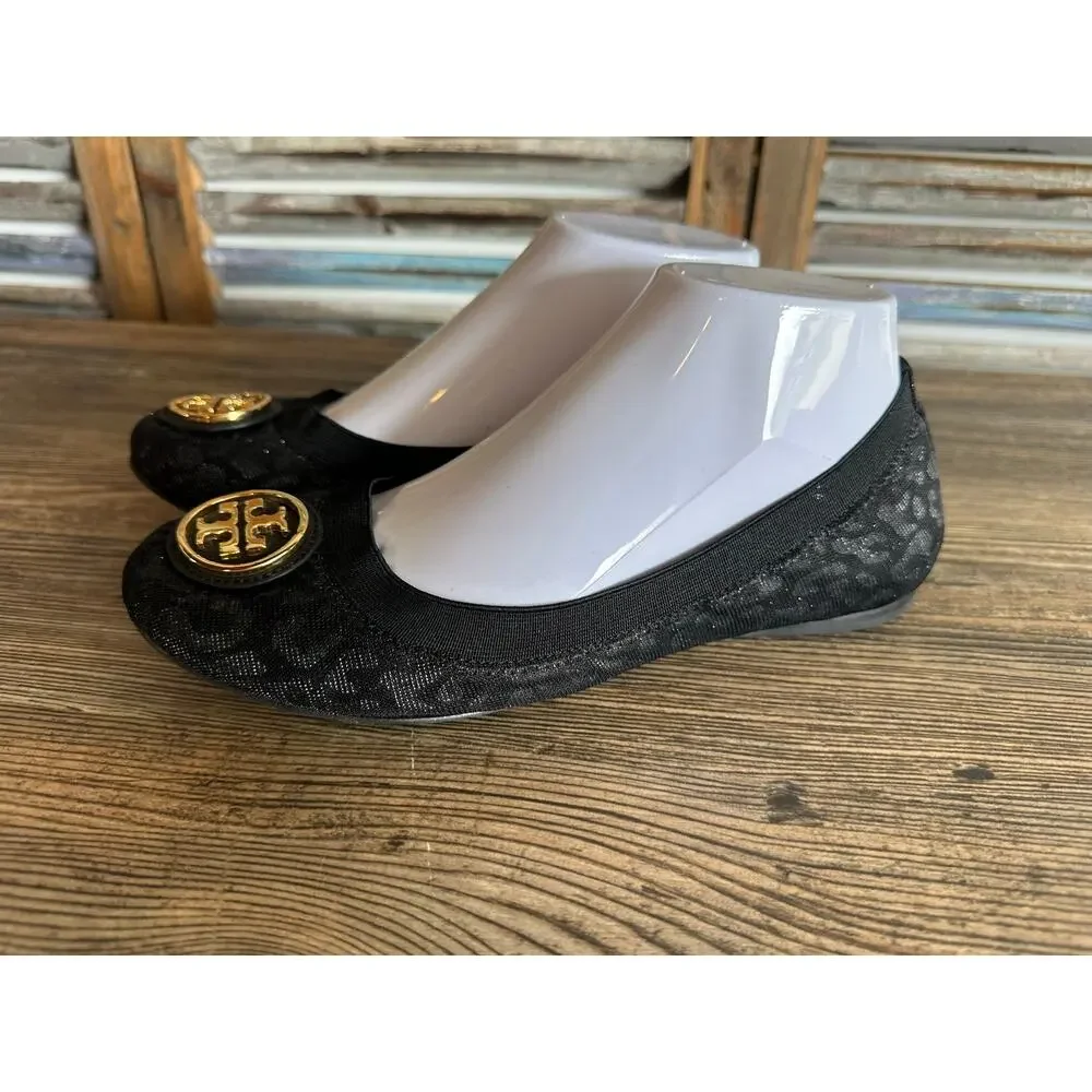 Tory Burch Caroline Ballet Flats 7.5 M Black Gray Animal Print